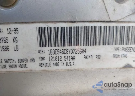 2000 Dodge Neon Highline из США, поврежденный, VIN 1B3ES46C8YD725604